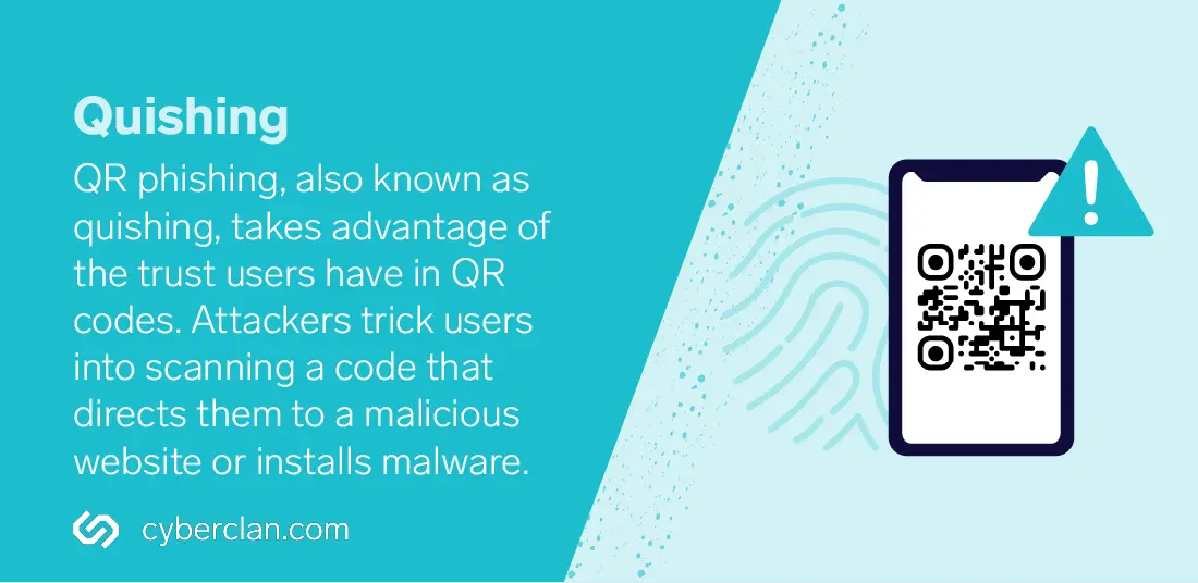 Quishing: QR phishing, also known as quishing, takes advantage of the trust users have in QR codes. Attackers trick users into scanning a code that directs them to a malicious website or installs malware.